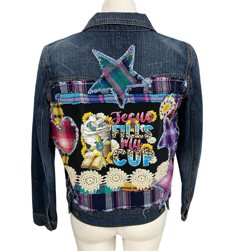 Upcycled Denim Jacket Womens Large Christian Coffee Grunge Patchwork Folk Art